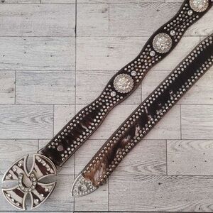 Nocona Western Hair On Hide Brown Leather Bedazzled Rhinestone Belt Women’s L